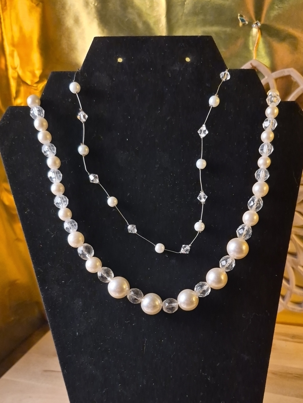 Elegant Pearl and A Crystal  Necklace - Ivory Colored